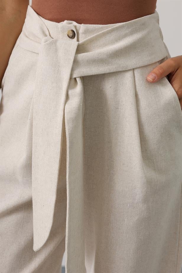RYN Belted Detailed Palazzo Pants - Cream - Stryi