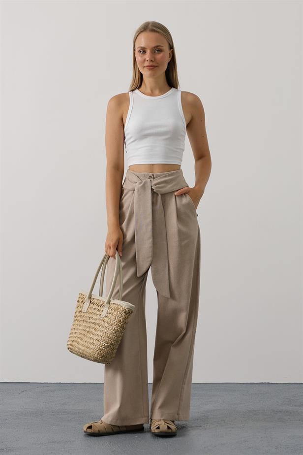 RYN Belted Detailed Palazzo Pants - Mink - Dzhankoi