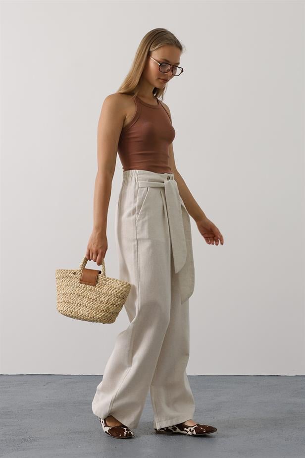 RYN Belted Detailed Palazzo Pants - Cream - Stryi