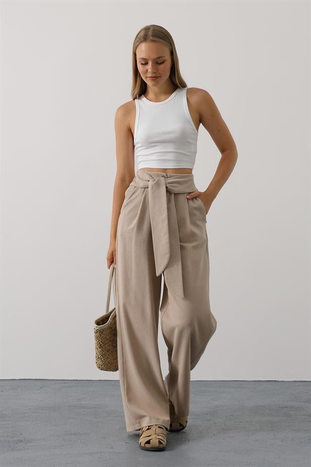 RYN Belted Detailed Palazzo Pants - Mink - Dzhankoi