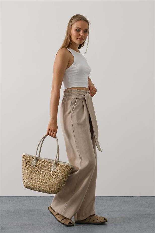 RYN Belted Detailed Palazzo Pants - Mink - Dzhankoi