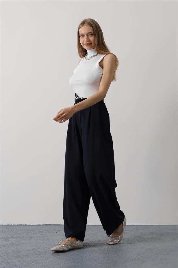RYN Pleated Lace-Up Oversized Pants - Navy - Methuen Town