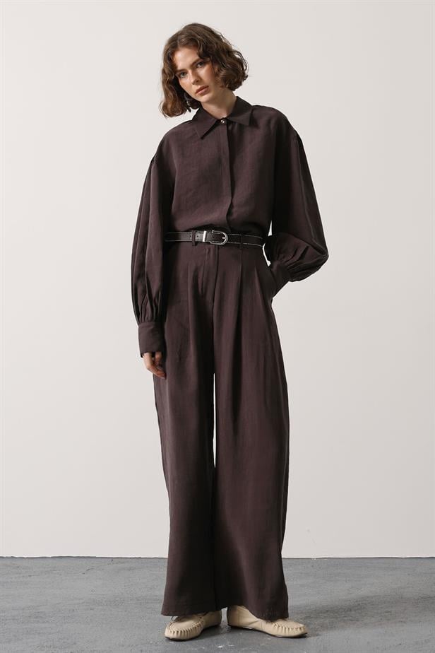 RYN BELTED DETAIL PANTS - Brown - Brooklyn