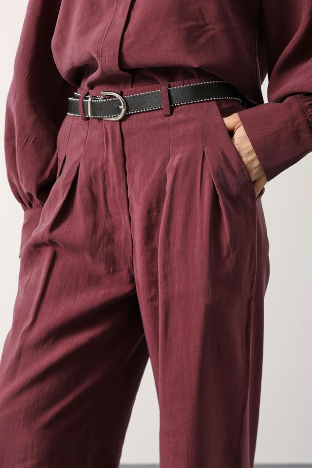 RYN PİLELİ KEMER DETAYLI PANTOLON - Bordo - Zimapan