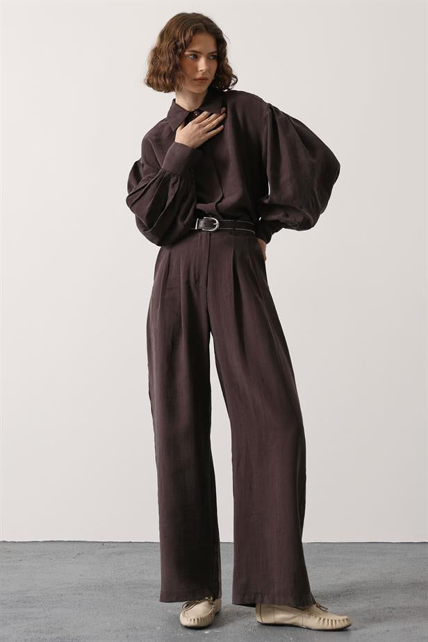 RYN BELTED DETAIL PANTS - Brown - Brooklyn