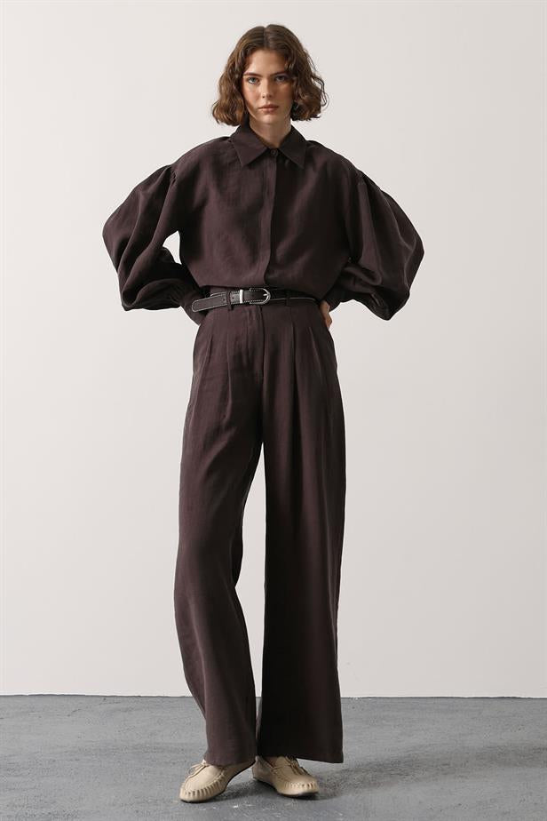 RYN BELTED DETAIL PANTS - Brown - Brooklyn