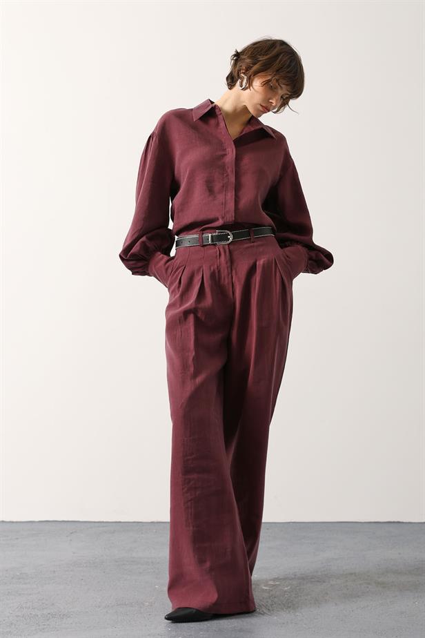 RYN PİLELİ KEMER DETAYLI PANTOLON - Bordo - Zimapan