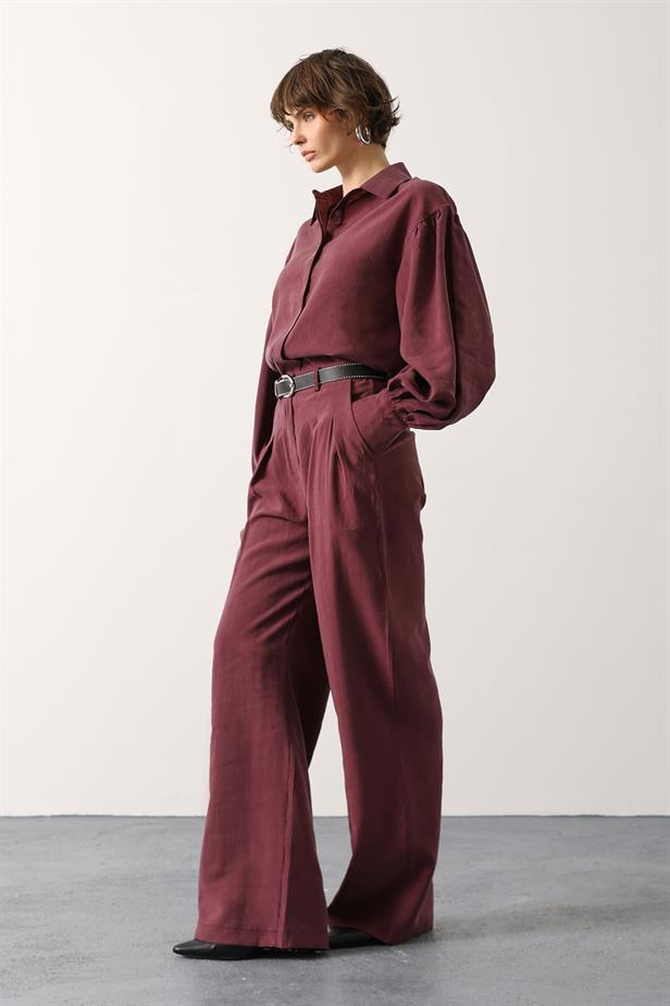 RYN PİLELİ KEMER DETAYLI PANTOLON - Bordo - Zimapan