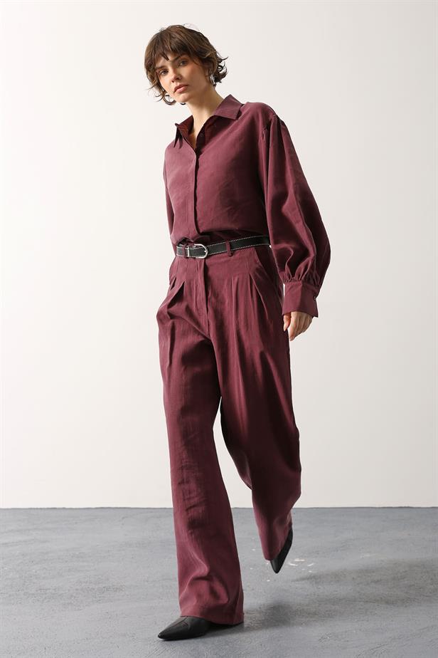 RYN PİLELİ KEMER DETAYLI PANTOLON - Bordo - Zimapan