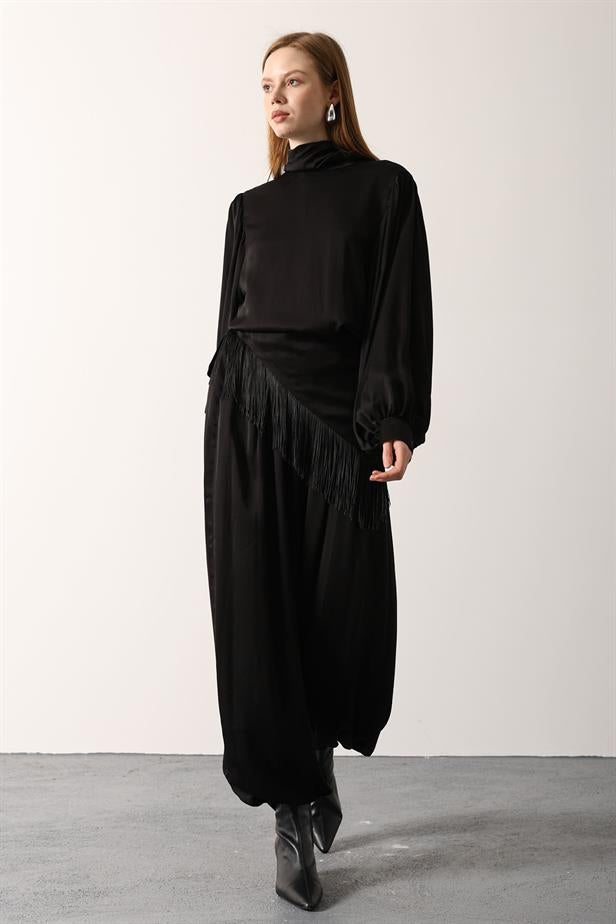 RYN SATEN ŞALLI PANTOLON - Siyah - Zongolica