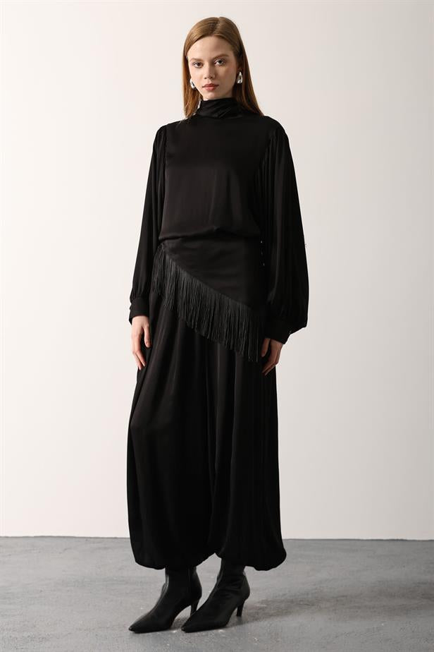 RYN SATEN ŞALLI PANTOLON - Siyah - Zongolica