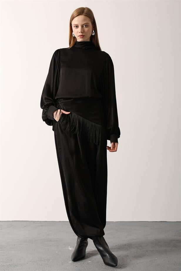 RYN SATEN ŞALLI PANTOLON - Siyah - Zongolica