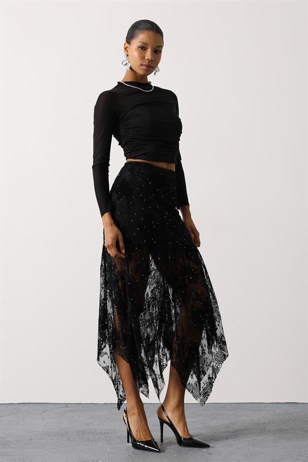 RYN STONE LACE ASYMMETRICAL SKIRT - Black - Neuss