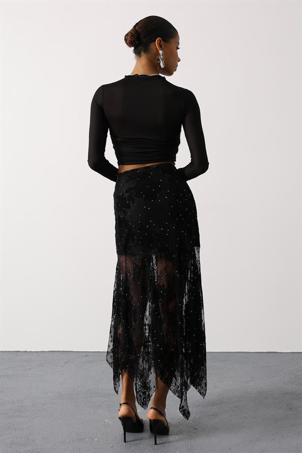 RYN STONE LACE ASYMMETRICAL SKIRT - Black - Neuss