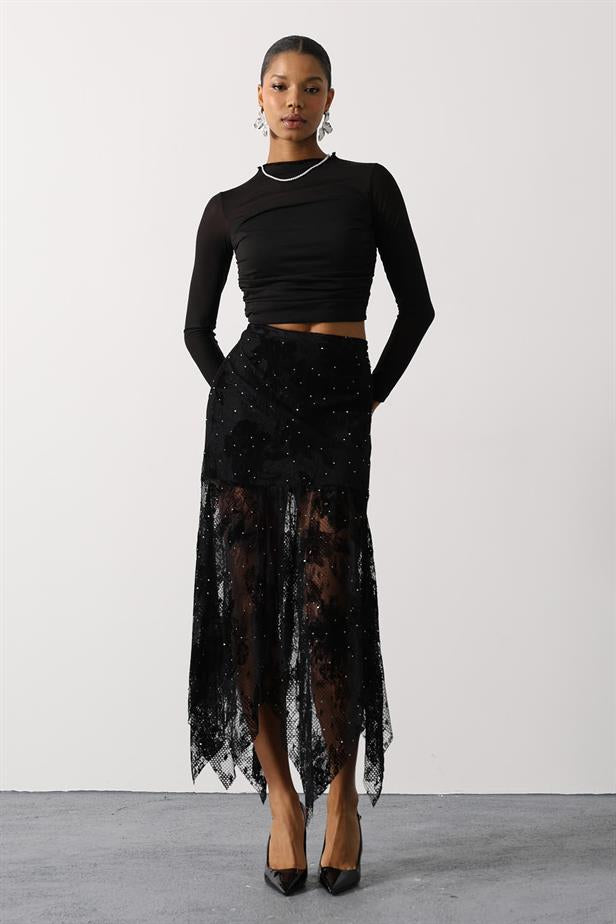 RYN STONE LACE ASYMMETRICAL SKIRT - Black - Neuss