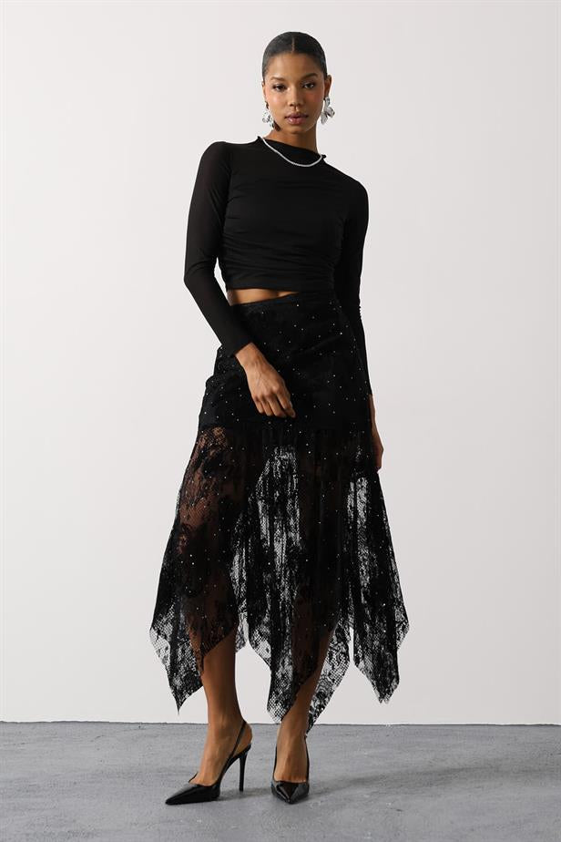 RYN STONE LACE ASYMMETRICAL SKIRT - Black - Neuss