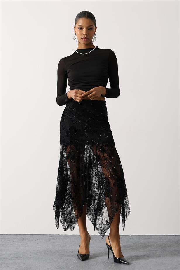 RYN STONE LACE ASYMMETRICAL SKIRT - Black - Neuss