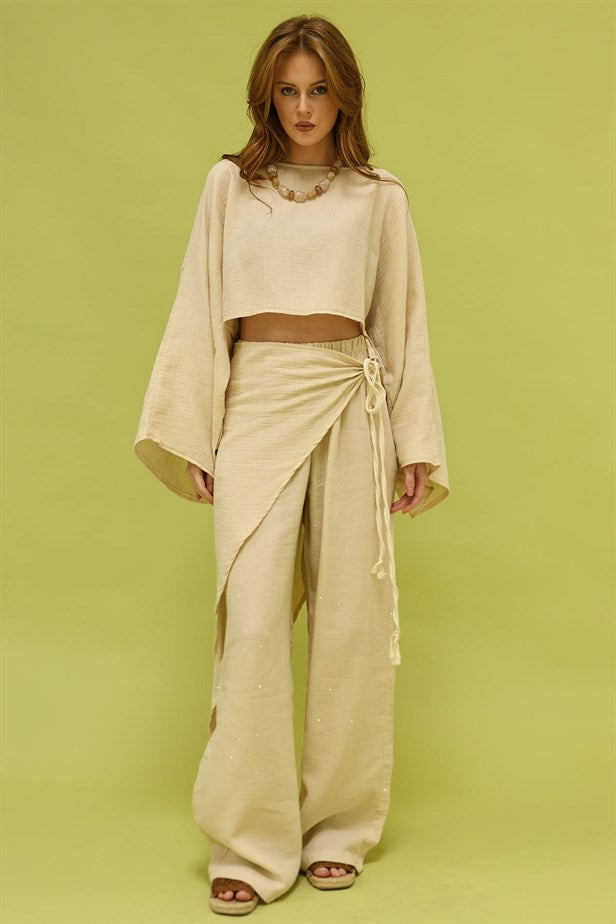 RYN TAŞLI MÜSLİN BAĞLAMALI PANTALON - Bej - Florence