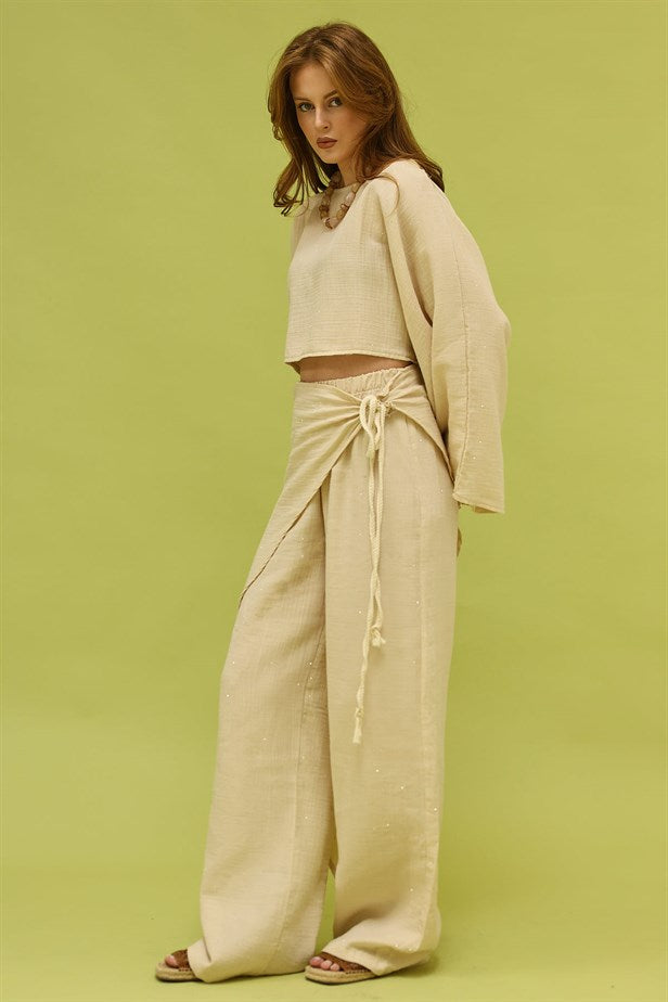 RYN TAŞLI MÜSLİN BAĞLAMALI PANTALON - Bej - Florence