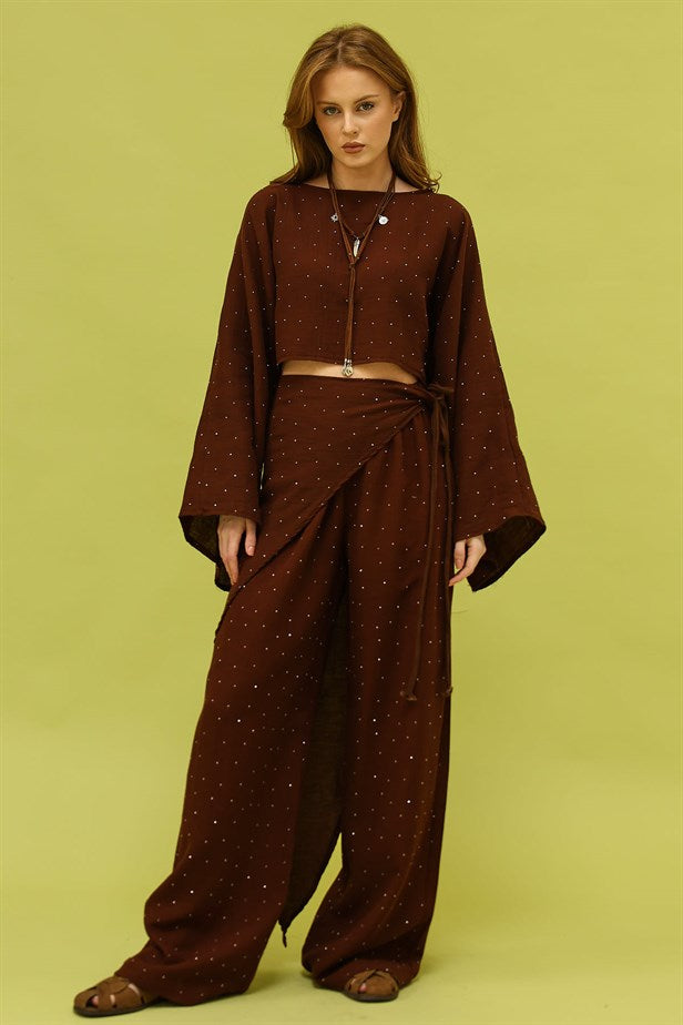 RYN TAŞLI MÜSLİN BAĞLAMALI PANTALON - Kahve - Dráma
