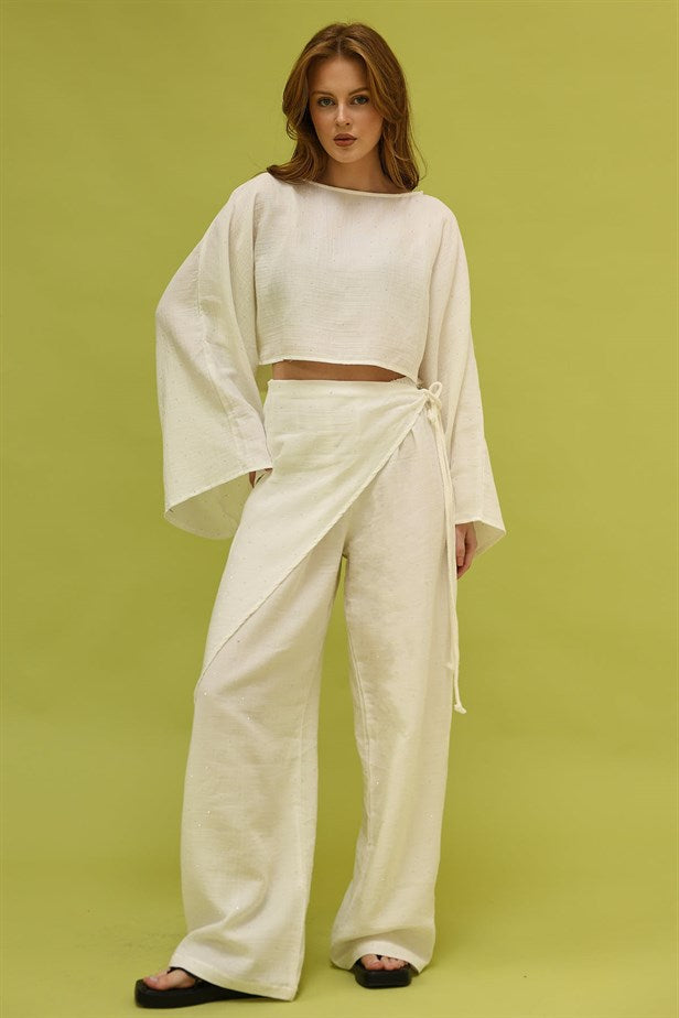 RYN TAŞLI MÜSLİN BAĞLAMALI PANTALON - Beyaz - Huntersville