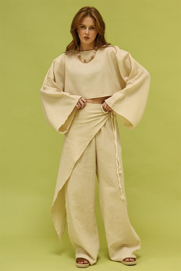 RYN TAŞLI MÜSLİN BAĞLAMALI PANTALON - Bej - Florence