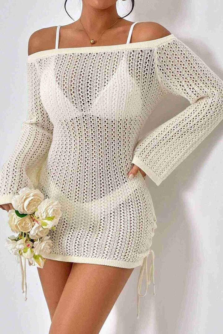 IGR Women Angelsin Knitted Side Ruched Long Sleeve Beach Dress Pareo Cream - Emmen