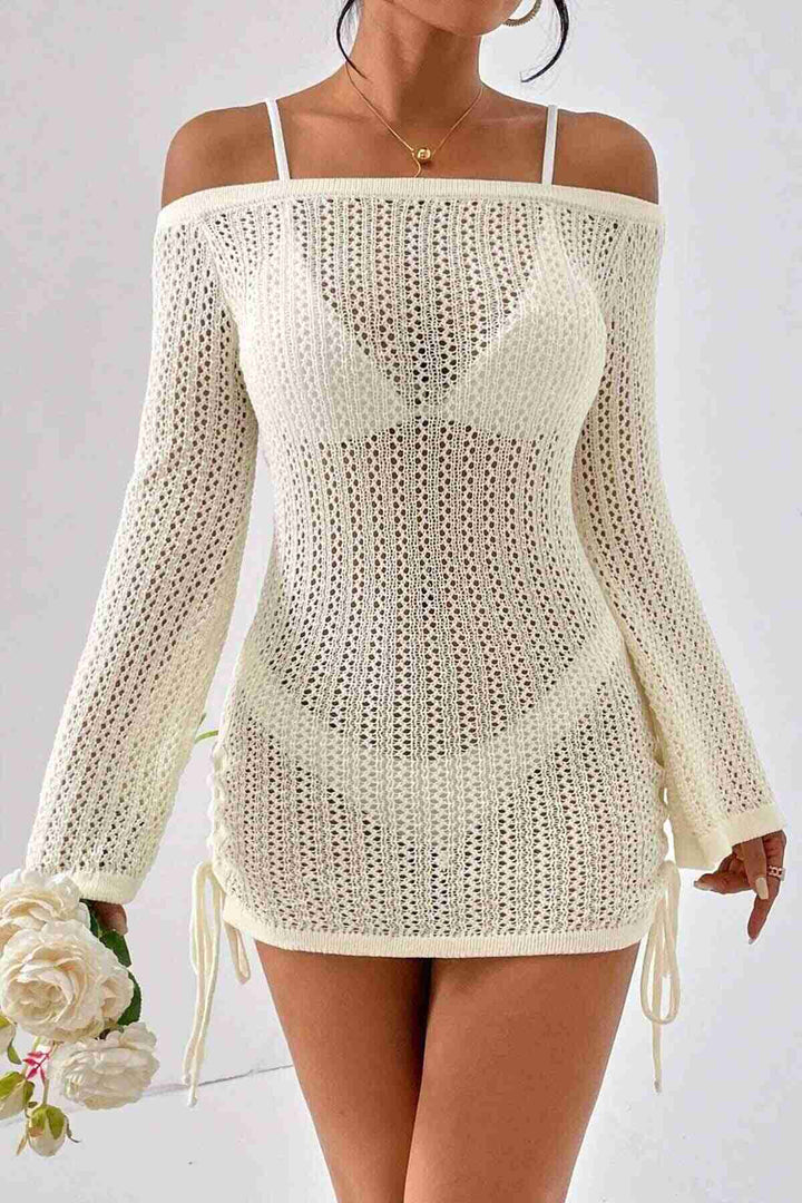 IGR Women Angelsin Knitted Side Ruched Long Sleeve Beach Dress Pareo Cream - Emmen