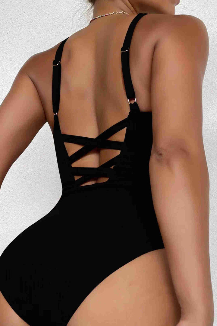IGR Women Angels Special Fabric Cross Back Decollete Swimsuit Monokini Black - Longview