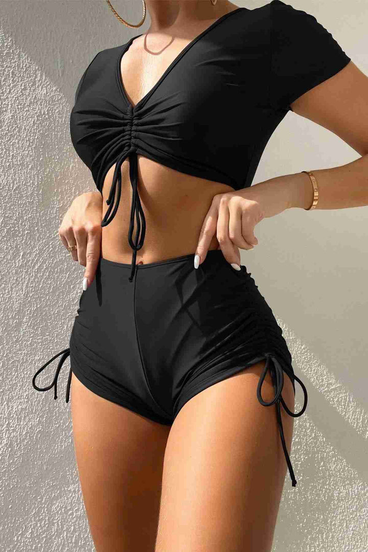 IGR Women Angelsin Special Design Half Sleeve Ruched Detail Bikini Top Black - Linden