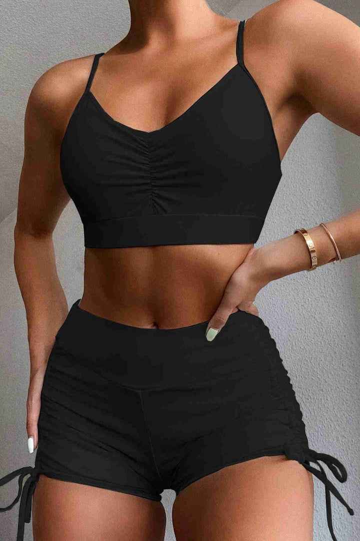 IGR Women Angels Adjustable Ruched Tankini Bikini Set with Side Tie Shorts Black - Woolwich