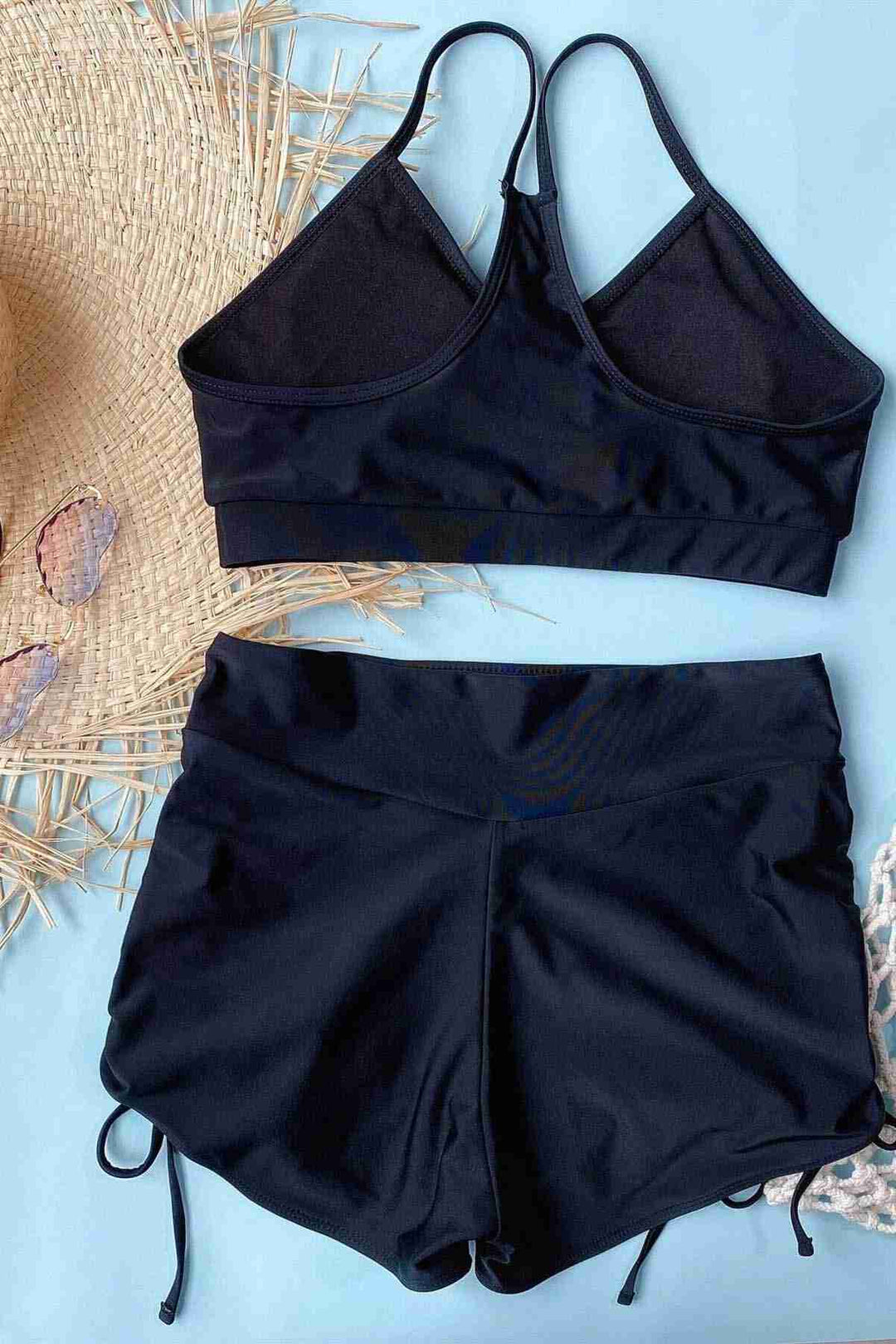 IGR Women Angels Adjustable Ruched Tankini Bikini Set with Side Tie Shorts Black - Woolwich
