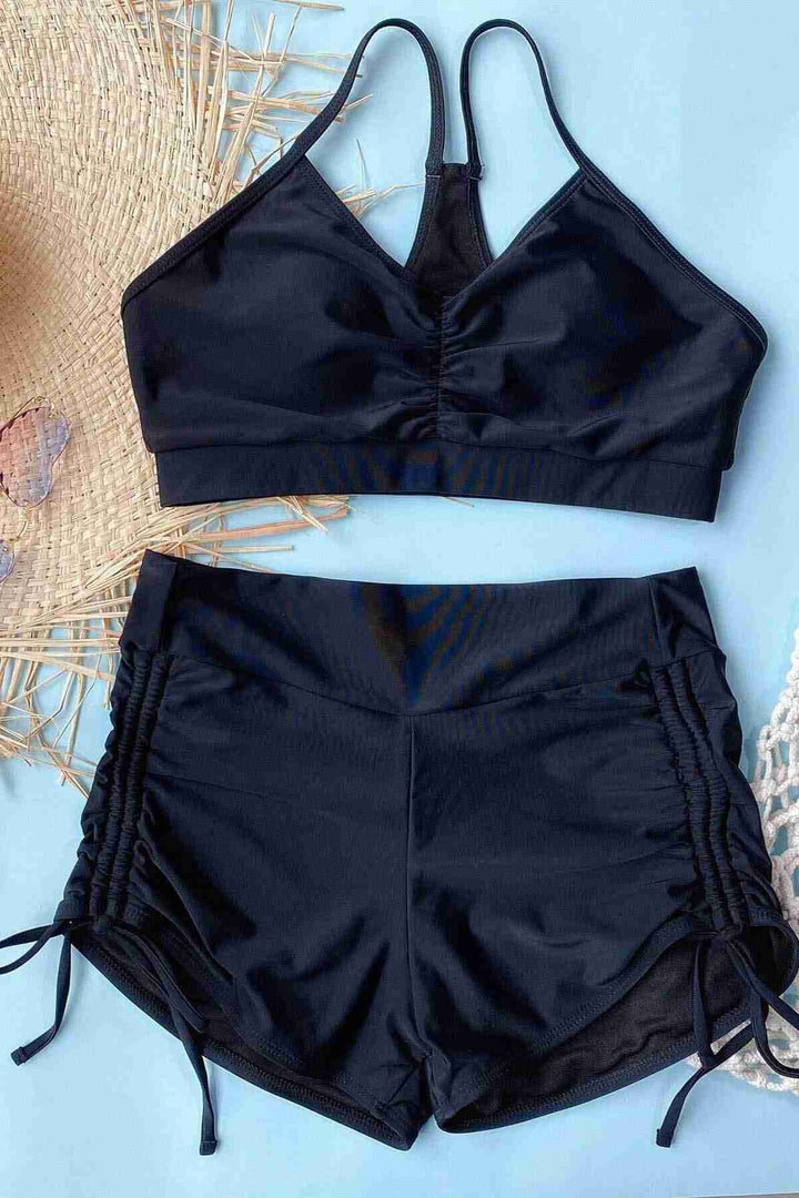 IGR Women Angels Adjustable Ruched Tankini Bikini Set with Side Tie Shorts Black - Woolwich