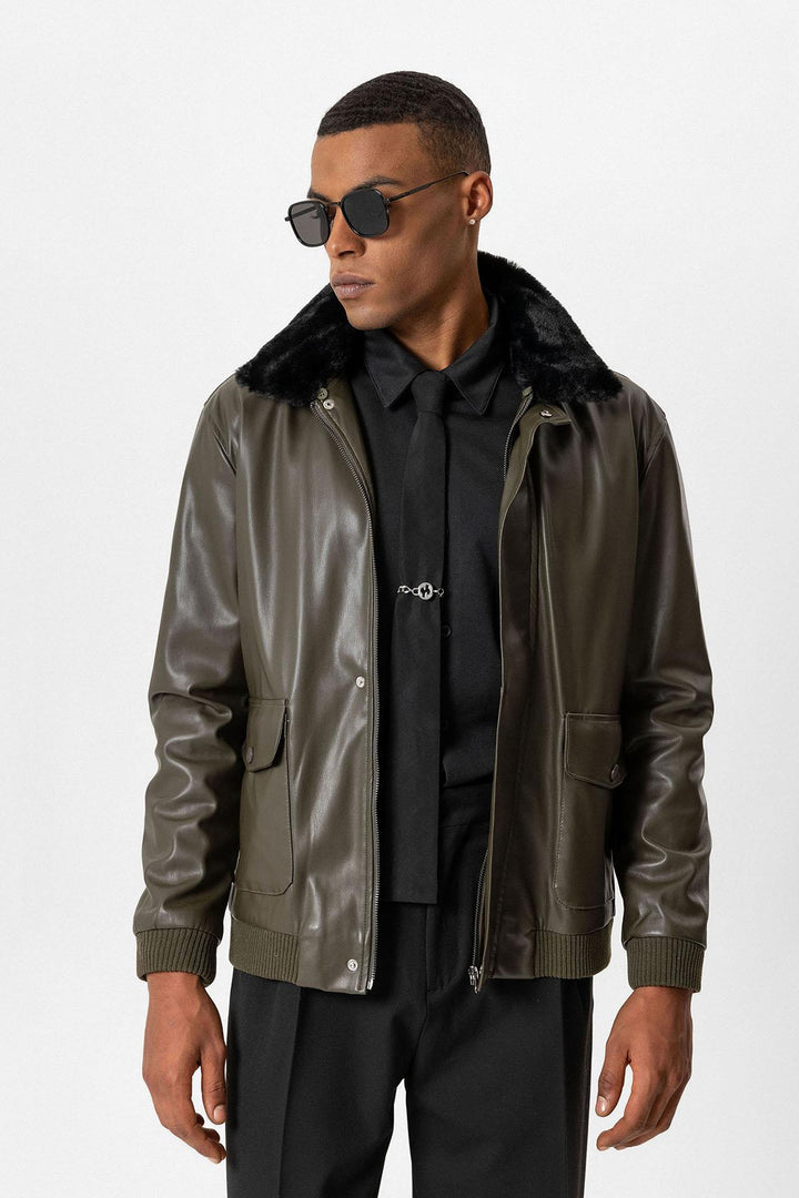 ANT Double Pocket Fur Collar Leather Coat - Victoriaville