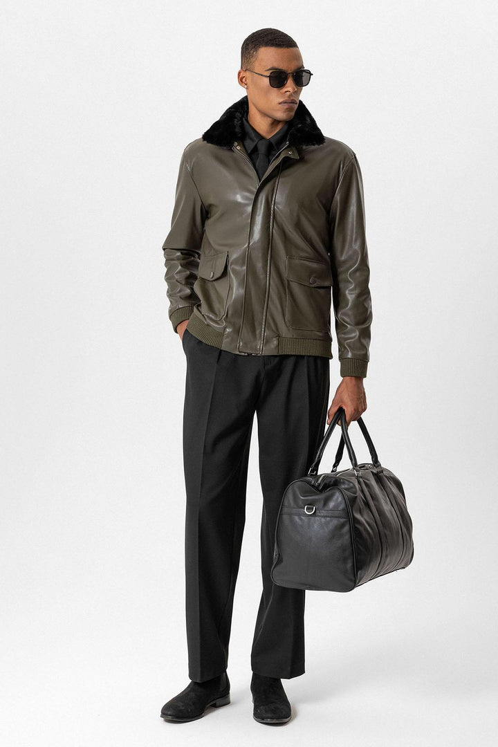 ANT Double Pocket Fur Collar Leather Coat - Victoriaville