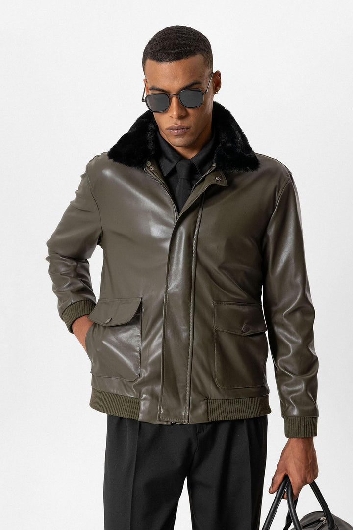 ANT Double Pocket Fur Collar Leather Coat - Victoriaville