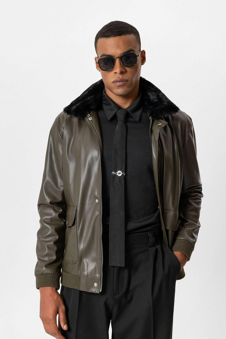 ANT Double Pocket Fur Collar Leather Coat - Victoriaville