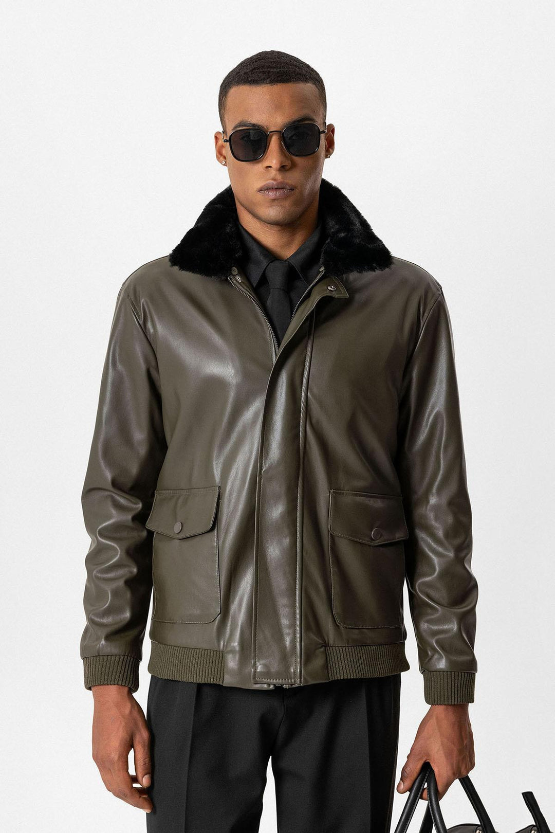 ANT Double Pocket Fur Collar Leather Coat - Victoriaville