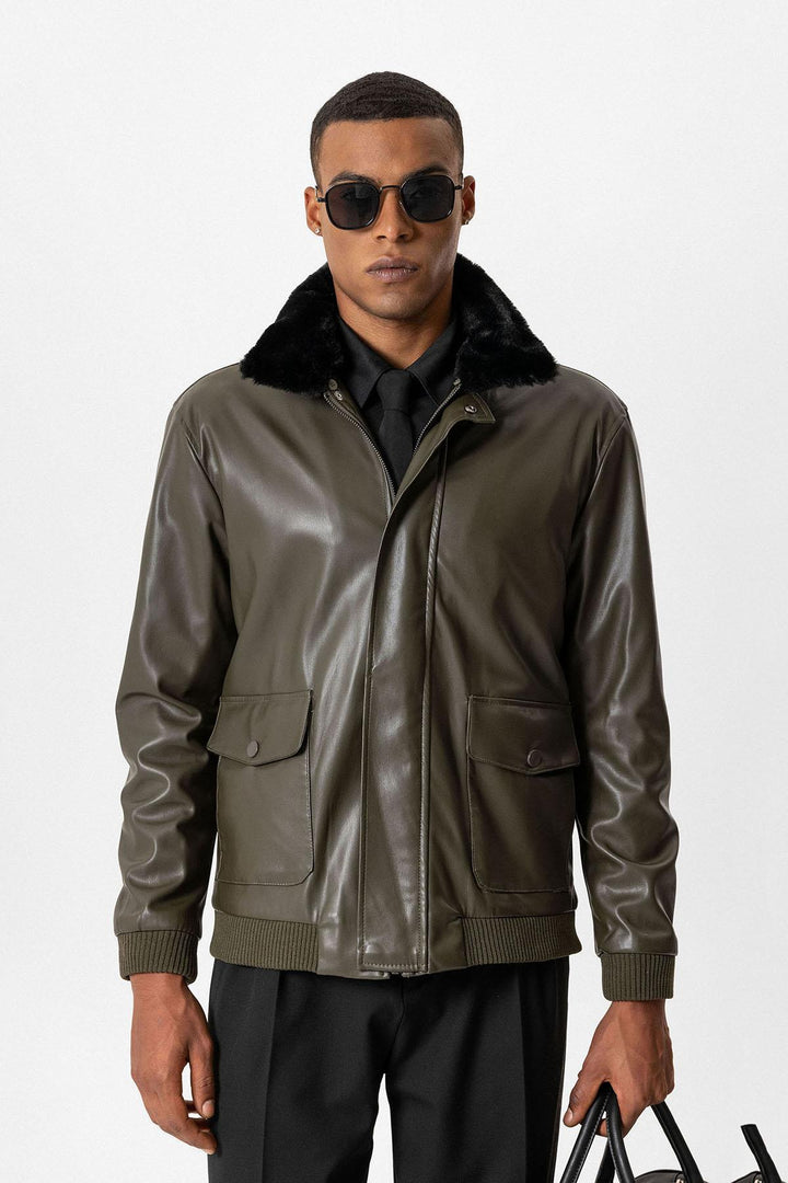 ANT Double Pocket Fur Collar Leather Coat - Victoriaville