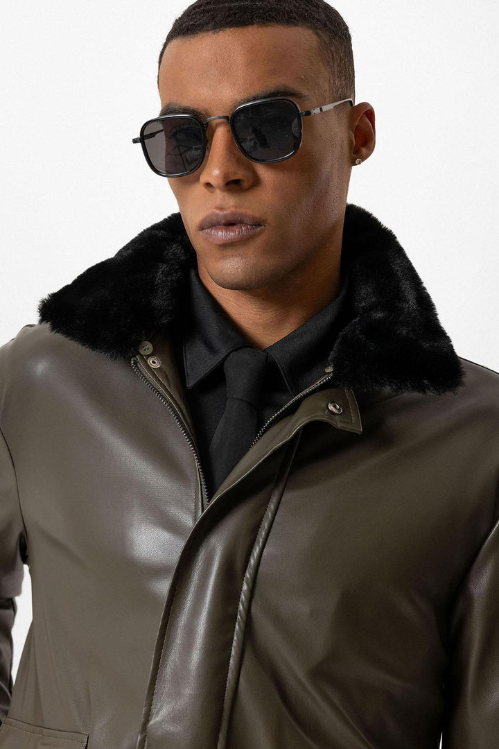 ANT Double Pocket Fur Collar Leather Coat - Victoriaville