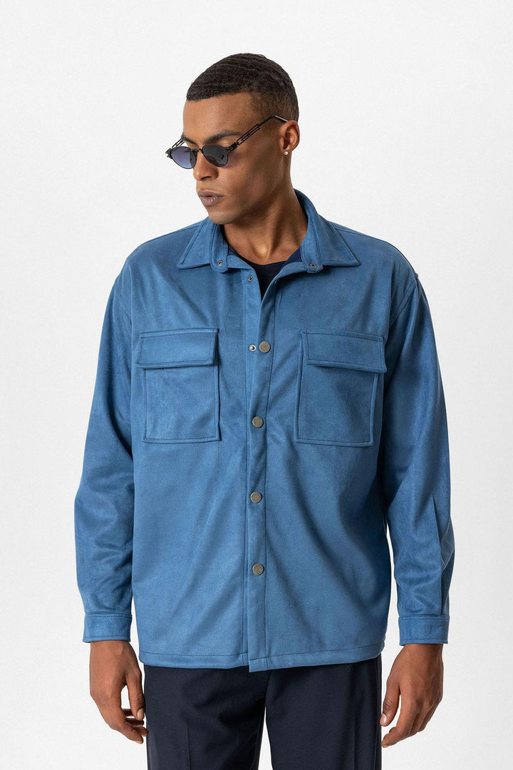قميص رجالي من ANT Suede بقصة عادية مع أزرار معدنية - Hallandale Beach