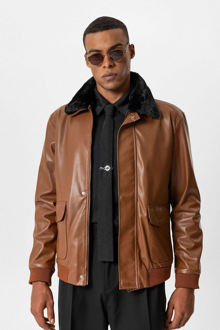 ANT Double Pocket Fur Collar Leather Coat - Irákleio