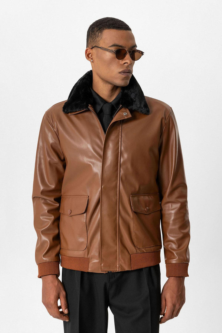 ANT Double Pocket Fur Collar Leather Coat - Irákleio