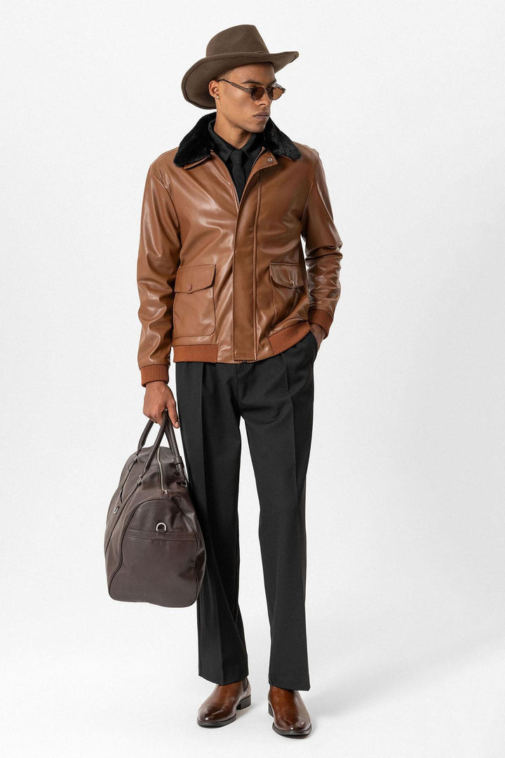 ANT Double Pocket Fur Collar Leather Coat - Irákleio