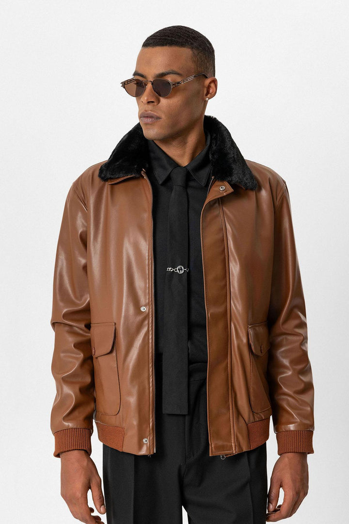 ANT Double Pocket Fur Collar Leather Coat - Irákleio