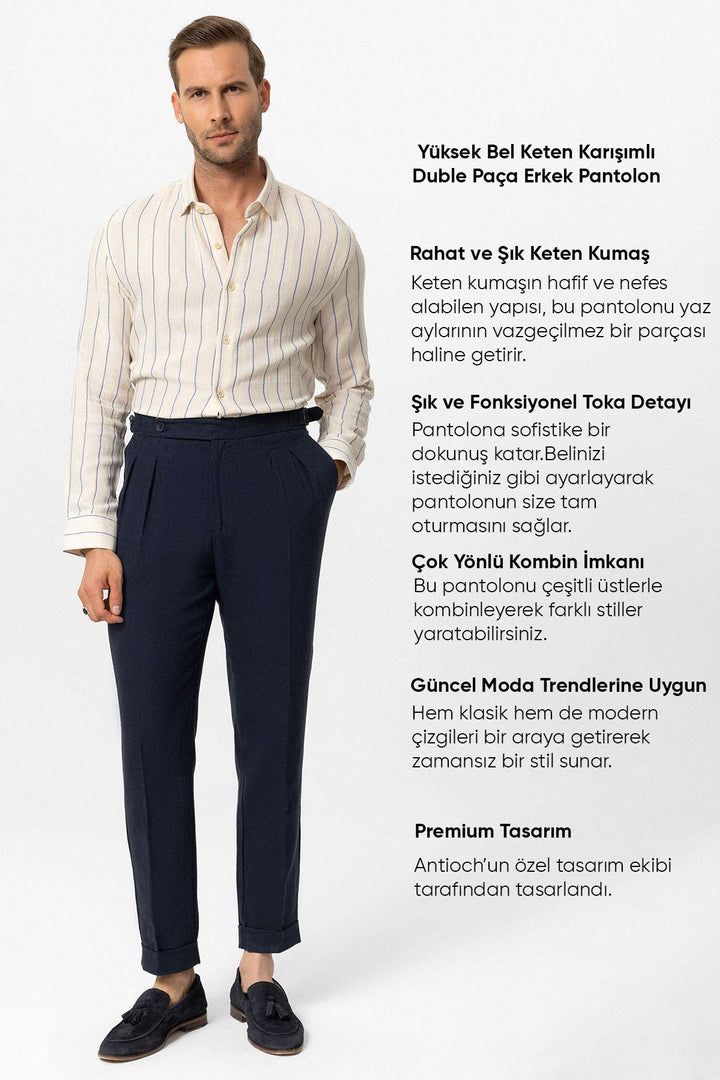 ANT High Waist Linen Blend Double Leg Men's Trousers - Lehigh Acres