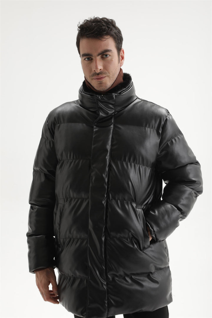 ANT Men's Fur Collar Faux Leather Long Down Coat - Durango