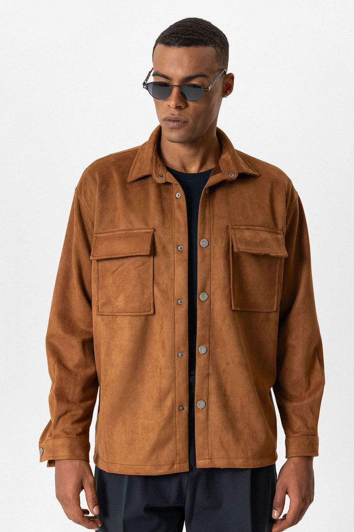 قميص رجالي من ANT Suede بقصة عادية مع أزرار معدنية - بايتاون