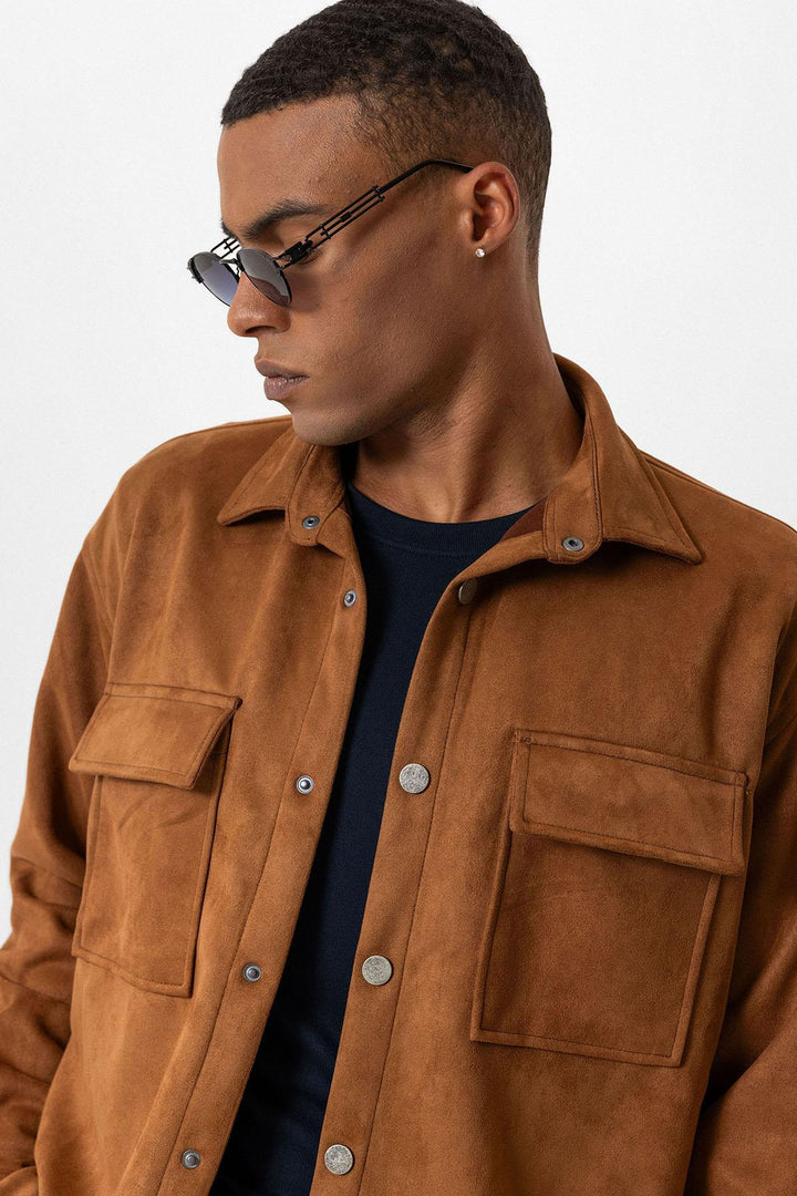 قميص رجالي من ANT Suede بقصة عادية مع أزرار معدنية - بايتاون