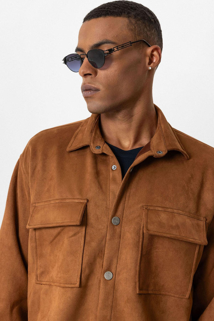 قميص رجالي من ANT Suede بقصة عادية مع أزرار معدنية - بايتاون